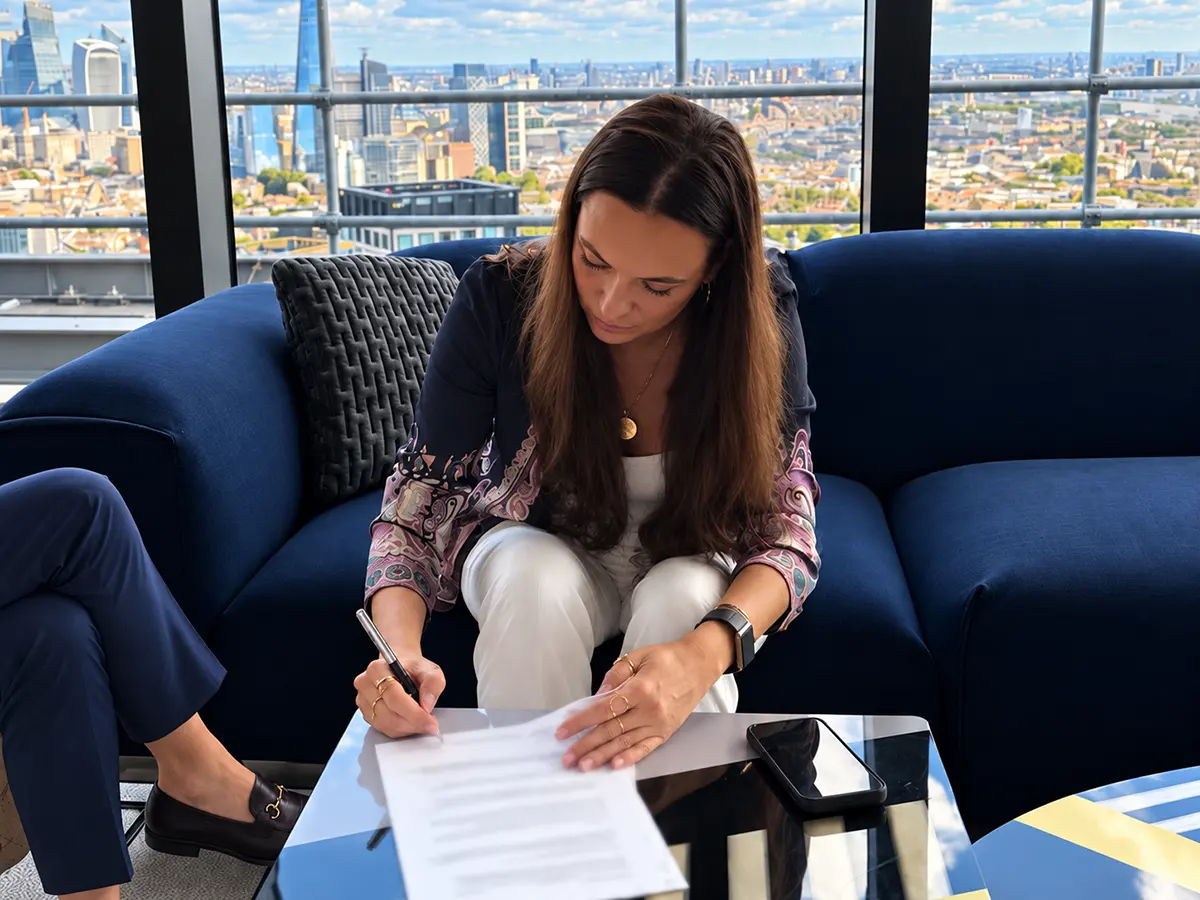 Alina Scerri during a Stellar Pass business meeting overlooking the London skyline
